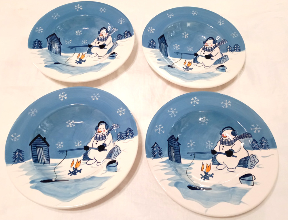 4 Northcrest Hand Painted Christmas Snowman 9" Bowls Blue Ceramic Glossy Set